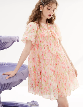 [25% 할인 모든쿠폰불가] 프리미엄 쉬폰 A라인 플라워 원피스~ 우아하고 여성스러운 리본 드레스 핑크COLRO(S~L)