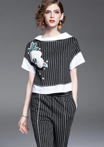 15% sale ☆스트라이프 패턴의 셔츠&amp;팬츠 SET☆ 블랙 컬러의 화이트 스트라이프와 스펭글 꽃 자수의 컬러 매치 Good~! 팬츠의 핏이 넘 예뻐요~^^